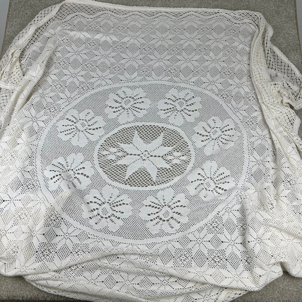 Vintage Ivory Floral Lace Rectangle Tablecloth Cotton Blend Cottagecore 57x68